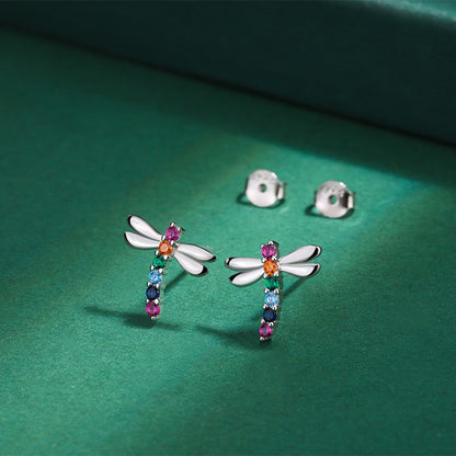 Sterling Silver Rainbow Dragonfly Colourful C/Z Stud Earrings