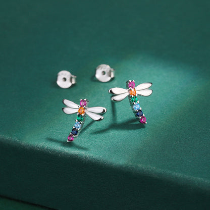 Sterling Silver Rainbow Dragonfly Colourful C/Z Stud Earrings