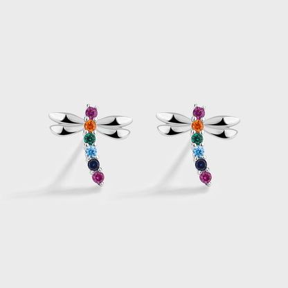 Sterling Silver Rainbow Dragonfly Colourful C/Z Stud Earrings