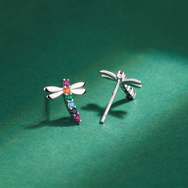 Sterling Silver Rainbow Dragonfly Colourful C/Z Stud Earrings