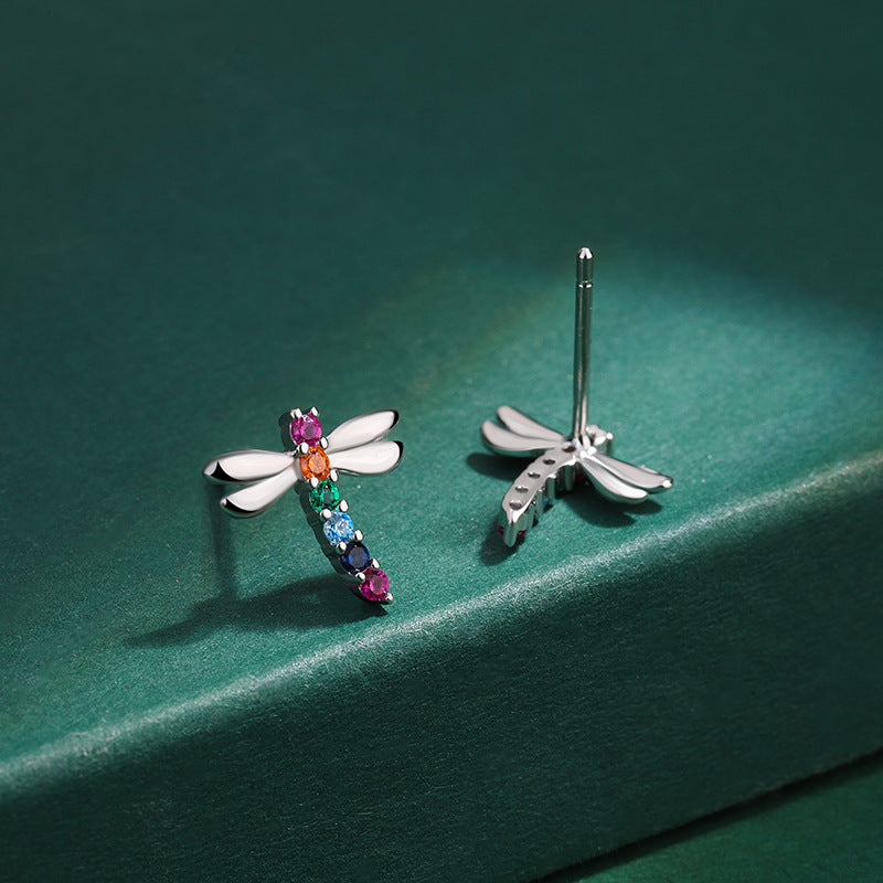 Sterling Silver Rainbow Dragonfly Colourful C/Z Stud Earrings