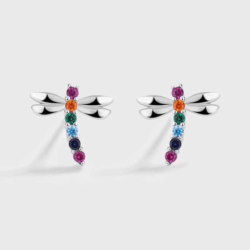 Sterling Silver Rainbow Dragonfly Colourful C/Z Stud Earrings