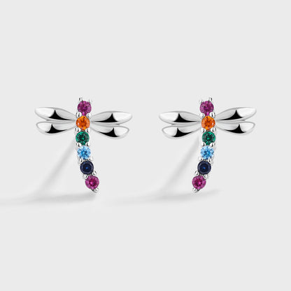 Sterling Silver Rainbow Dragonfly Colourful C/Z Stud Earrings