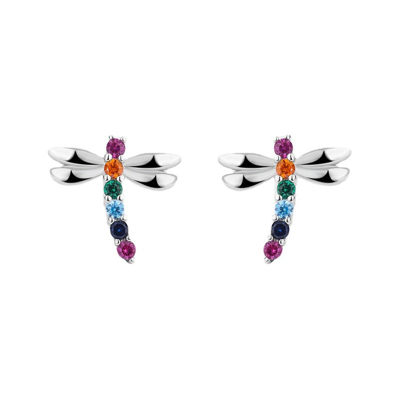 Sterling Silver Rainbow Dragonfly Colourful C/Z Stud Earrings