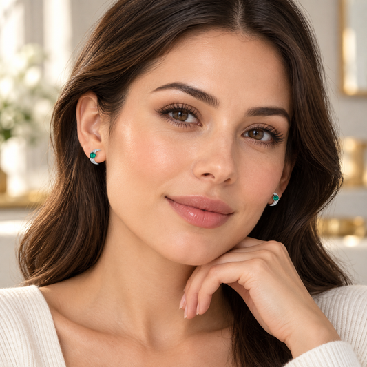 S925 Sterling Silver Stud Earrings Emerald Cresent Moon