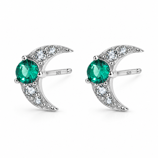 S925 Sterling Silver Stud Earrings Emerald Cresent Moon
