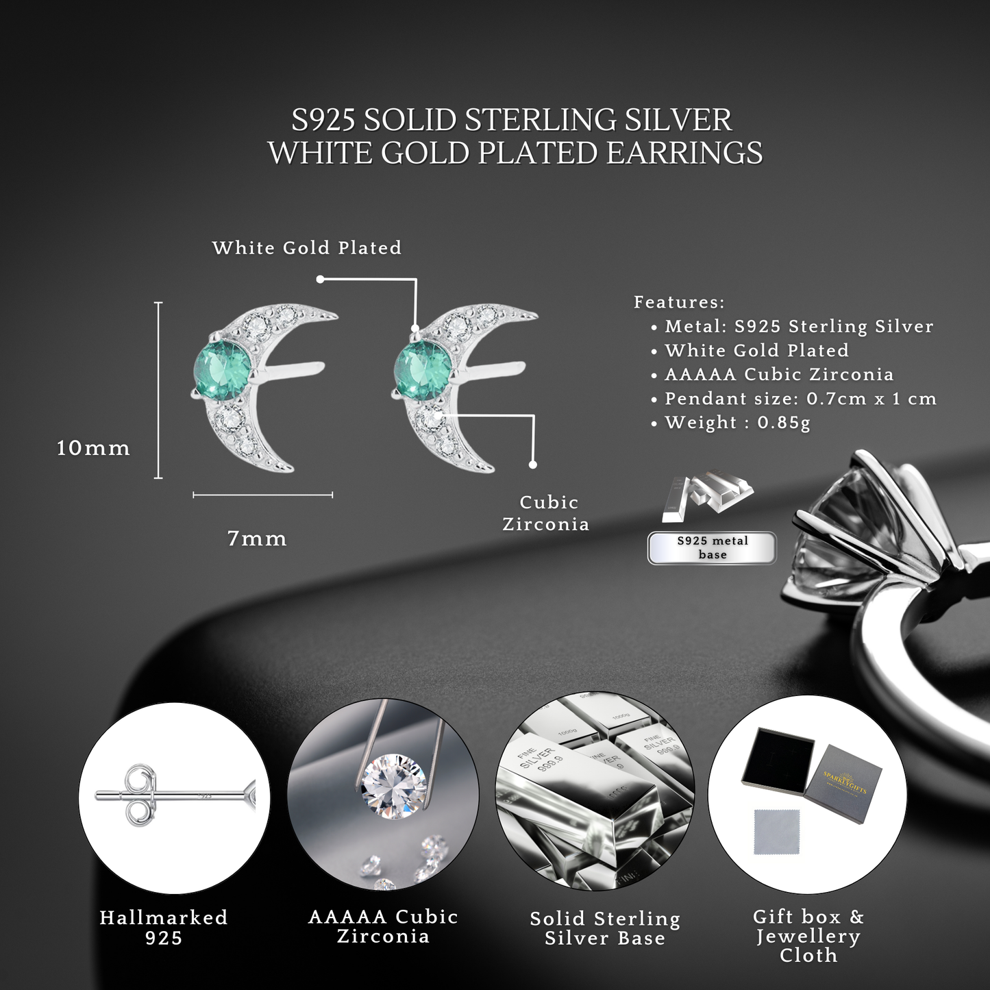 Sterling Silver Stud Earrings Emerald Cresent Moon S925 Hallmark