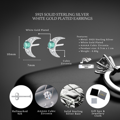 Sterling Silver Stud Earrings Emerald Cresent Moon S925 Hallmark