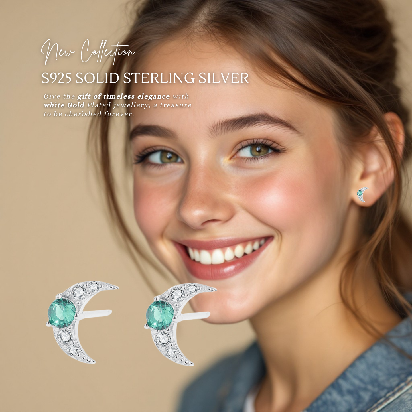 Sterling Silver Stud Earrings Emerald Cresent Moon S925 Hallmark
