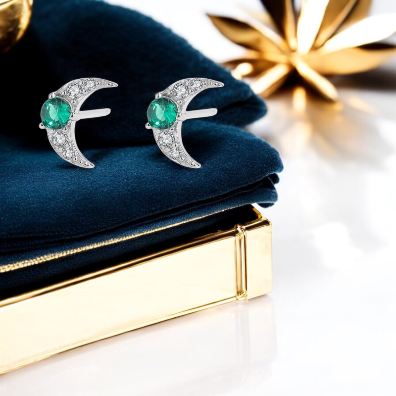Sterling Silver Stud Earrings Emerald Cresent Moon S925 Hallmark