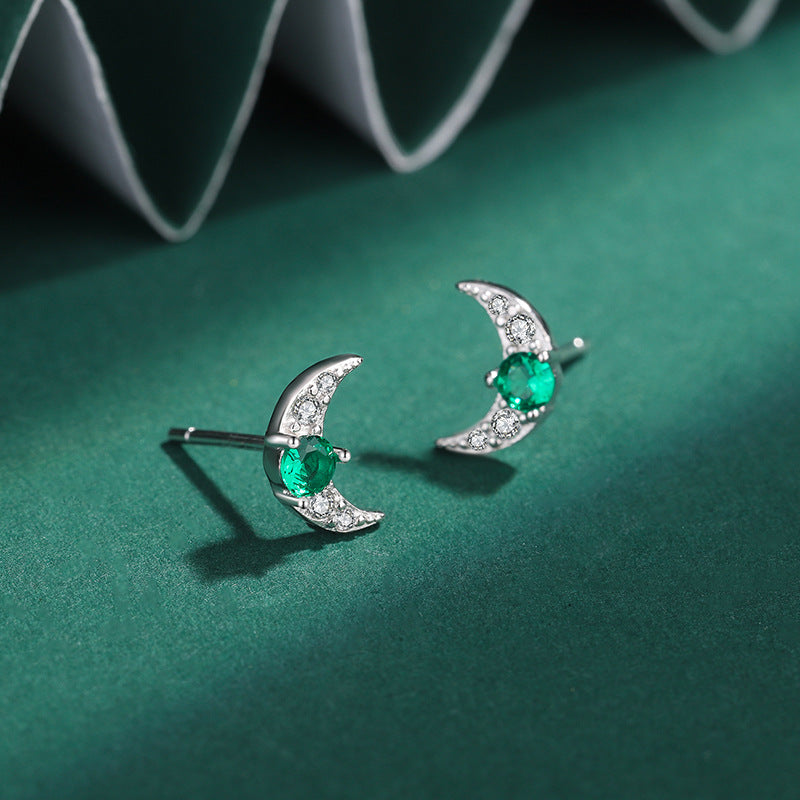 Sterling Silver Stud Earrings Emerald Cresent Moon S925 Hallmark