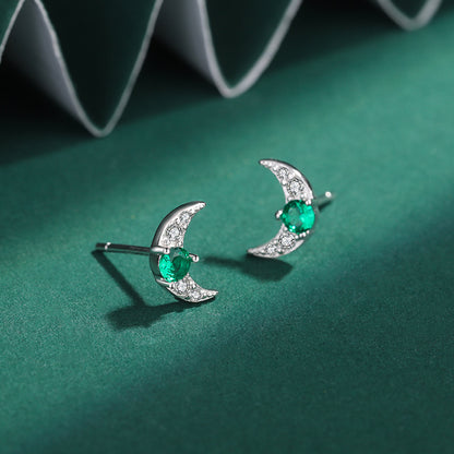 Sterling Silver Stud Earrings Emerald Cresent Moon S925 Hallmark