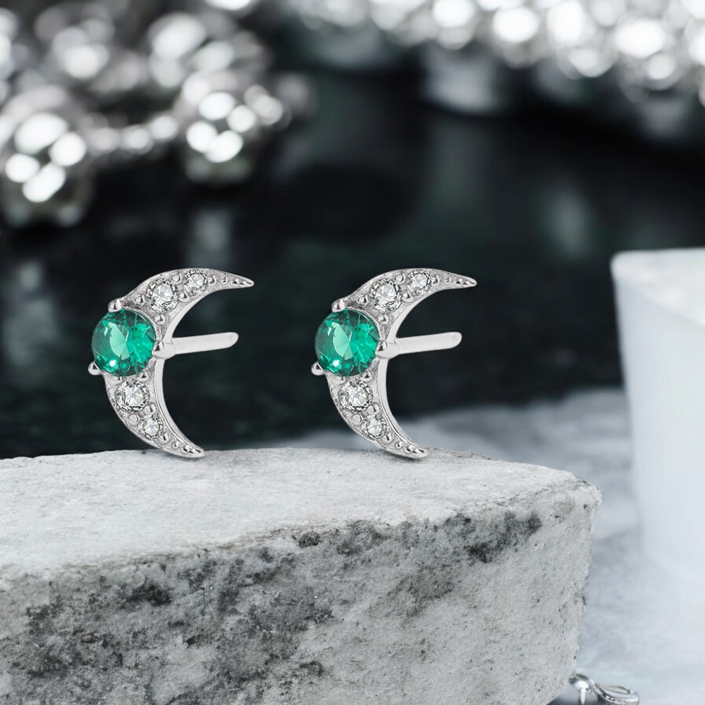 Sterling Silver Stud Earrings Emerald Cresent Moon S925 Hallmark