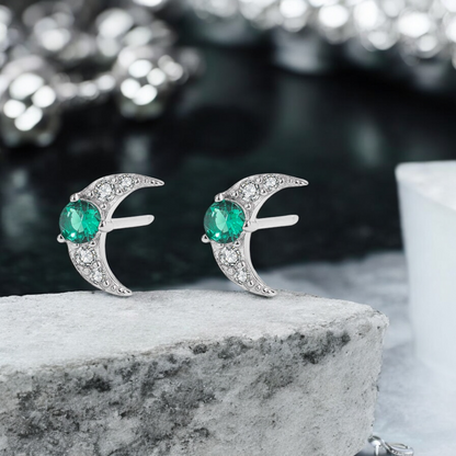 Sterling Silver Stud Earrings Emerald Cresent Moon S925 Hallmark