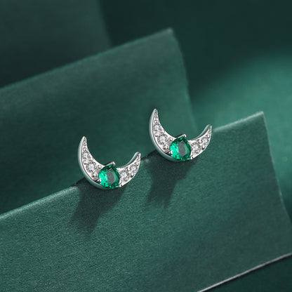 Sterling Silver Stud Earrings Emerald Cresent Moon S925 Hallmark
