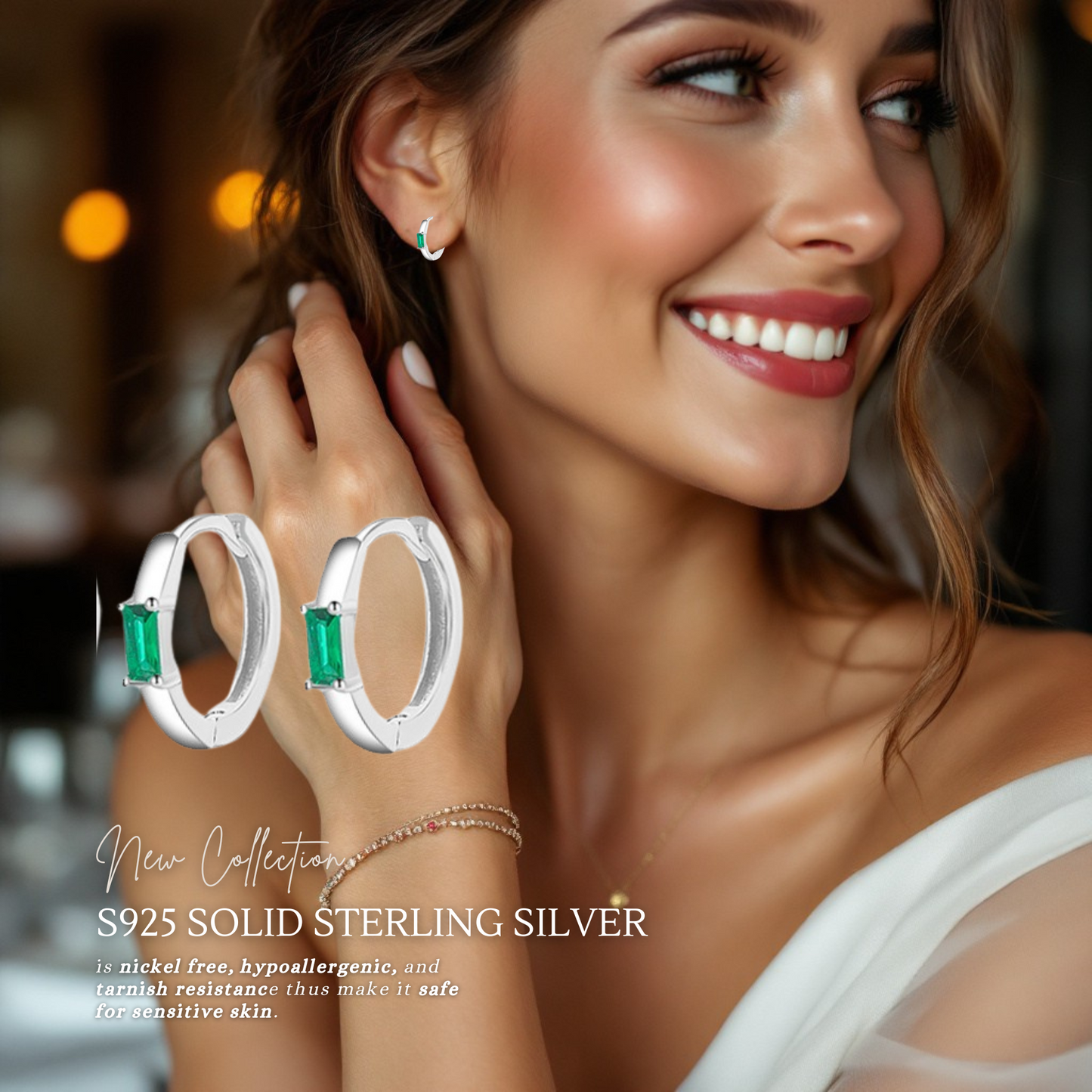 Sterling Silver Dainty Baguette Earrings Hoop Huggies Earrings Green Blue Clear C/Z