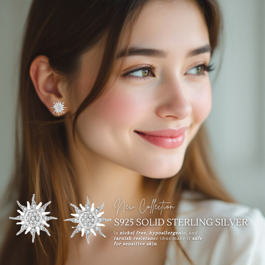 Sterling Silver Celestial Sun Stud Earrings with Cubic Zirconia