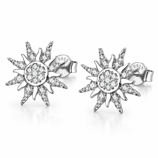 Sterling Silver Celestial Sun Stud Earrings with Cubic Zirconia