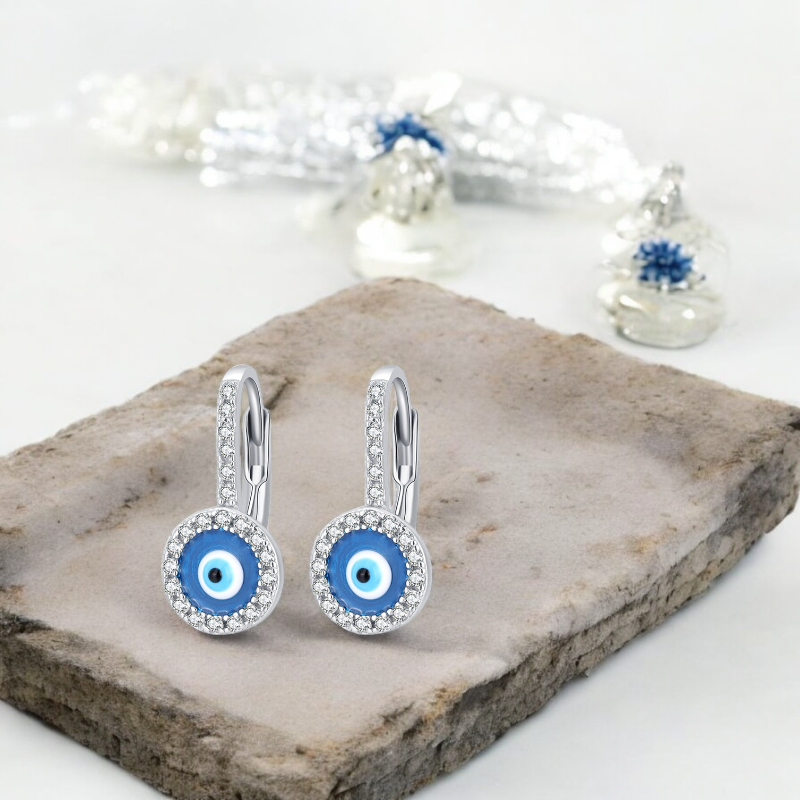 S925 Sterling Silver Hamsa Evil Eyes Huggies Earrings with Cubic Zirconia