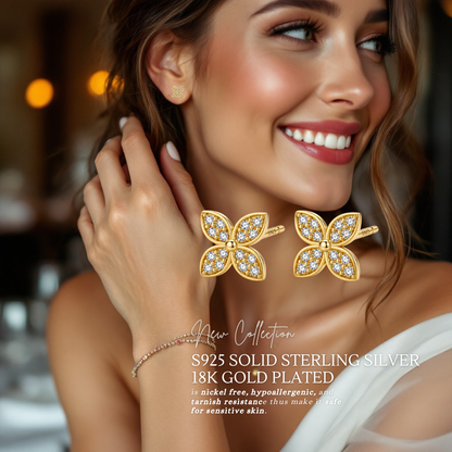 Sterling Silver Golden Clover Delights Studs 6mm x 6mm 18K Yellow Gold Plated C/Z Stud Earrings