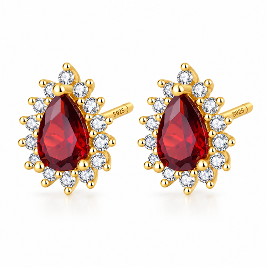 S925 Sterling Silver Teardrop Halo Garnet Stud Earrings 18K Yellow Gold Plated