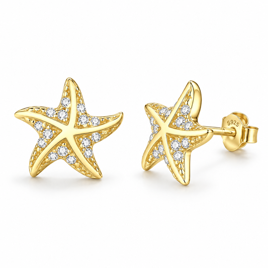 S925 Sterling Silver Starfish Stud Earrings 18K Yellow Gold Plated