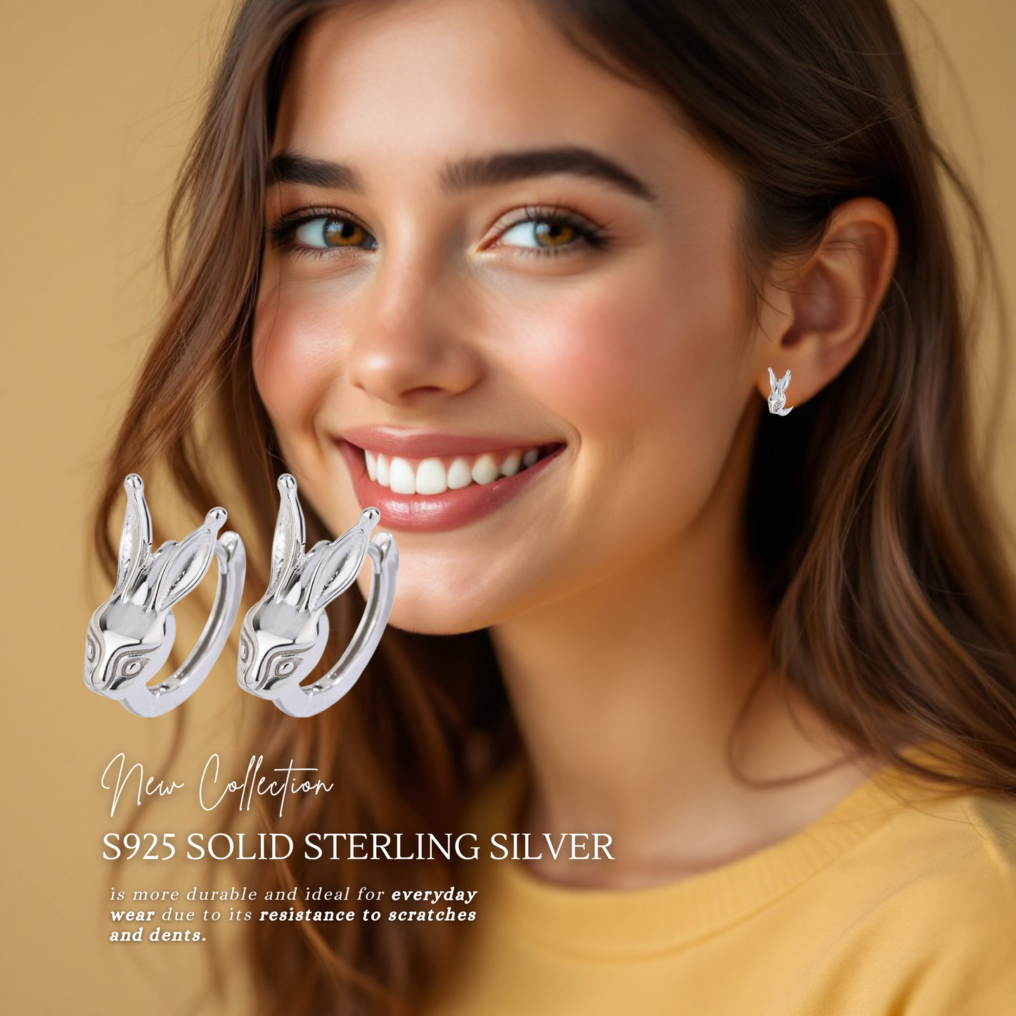 Sterling Silver Rabbit Huggies Earrings with Cubic Zirconia Gold Plated
