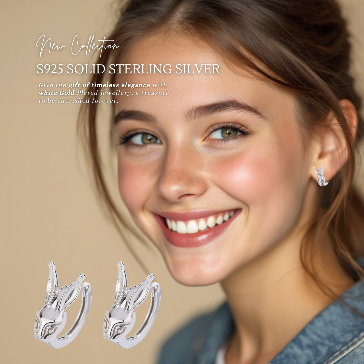 Sterling Silver Rabbit Huggies Earrings with Cubic Zirconia Gold Plated
