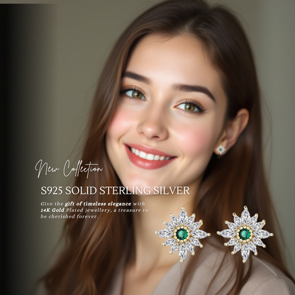 S925 Sterling Silver Emerald Flower Stud Earrings 14mm with C/Z 14K Yellow Gold Plated
