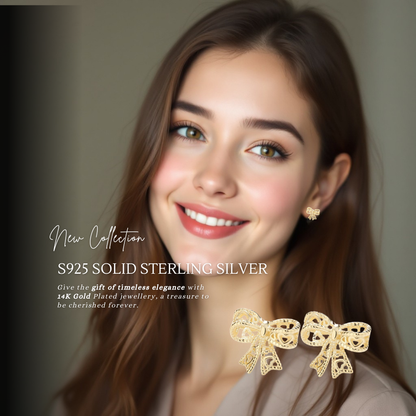 Sterling Silver Ribbon Bow Stud Earrings 14K Yellow Gold Plated S925 Hallmark