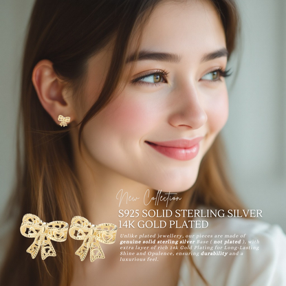 Sterling Silver Ribbon Bow Stud Earrings 14K Yellow Gold Plated S925 Hallmark