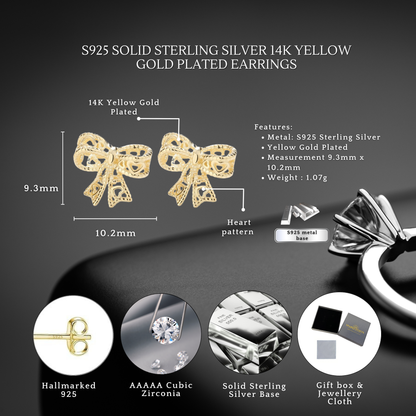 Sterling Silver Ribbon Bow Stud Earrings 14K Yellow Gold Plated S925 Hallmark