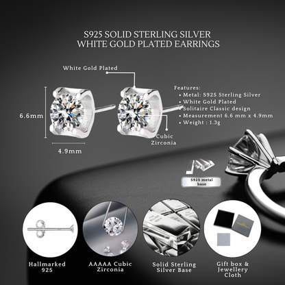 Sterling Silver Classic Solitaire Stud Earrings 6mm Cubic Zirconia