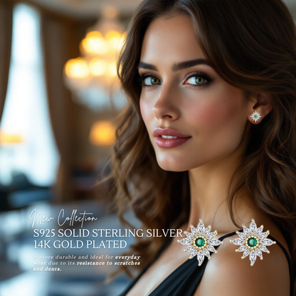 S925 Sterling Silver Emerald Flower Stud Earrings 14mm with C/Z 14K Yellow Gold Plated