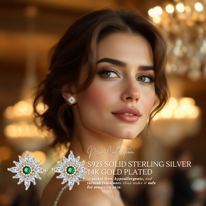 S925 Sterling Silver Emerald Flower Stud Earrings 14mm with C/Z 14K Yellow Gold Plated