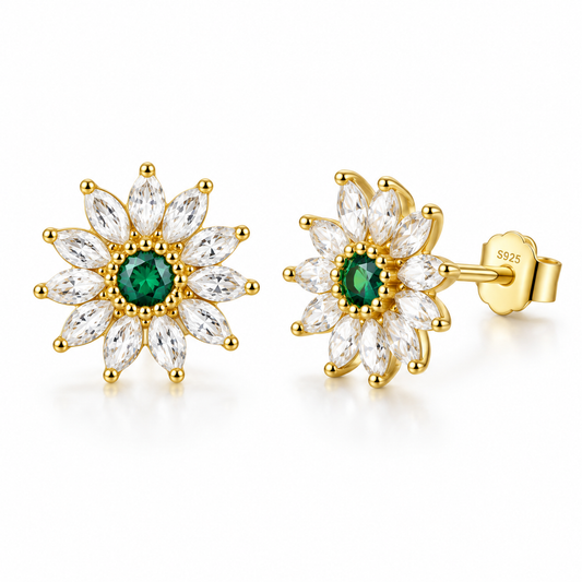 S925 Sterling Silver Emerald Flower Stud Earrings 14mm with C/Z 18K Yellow Gold Plated
