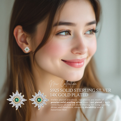 S925 Sterling Silver Emerald Flower Stud Earrings 14mm with C/Z 14K Yellow Gold Plated