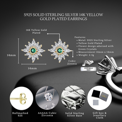 S925 Sterling Silver Emerald Flower Stud Earrings 14mm with C/Z 14K Yellow Gold Plated