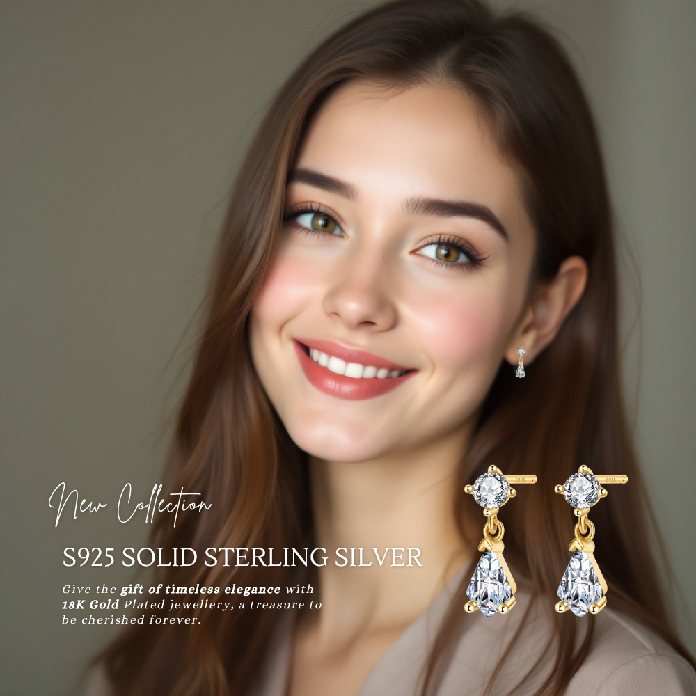 S925 Sterling Silver Teardrop Earrings 18K Yellow Gold Plated