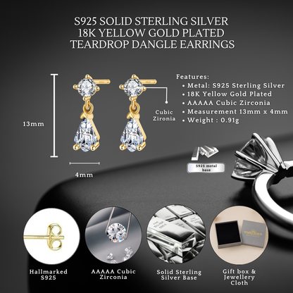 S925 Sterling Silver Teardrop Earrings 18K Yellow Gold Plated