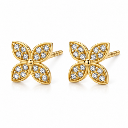 Sterling Silver Golden Clover Delights Studs 6mm x 6mm 18K Yellow Gold Plated C/Z Stud Earrings