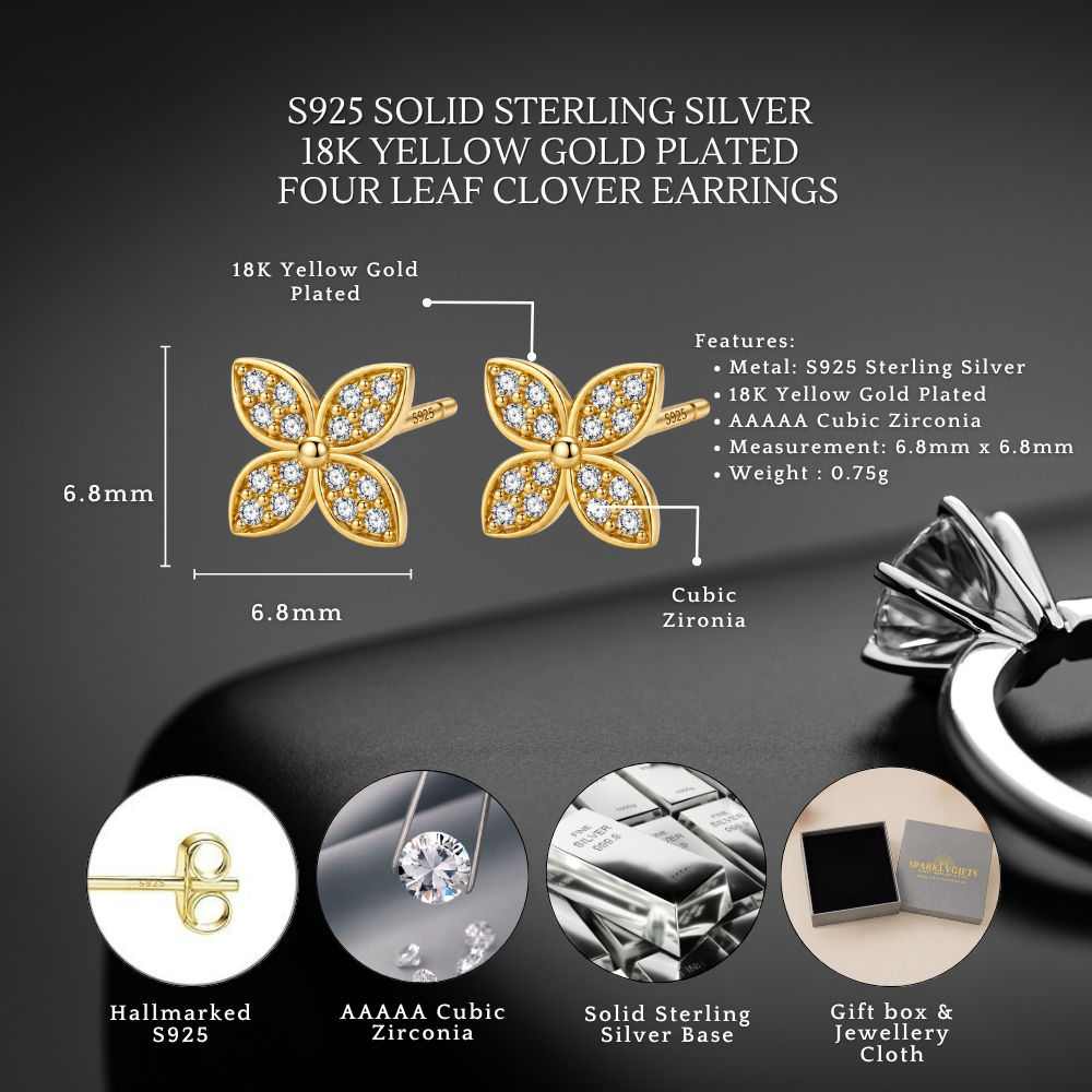Sterling Silver Golden Clover Delights Studs 6mm x 6mm 18K Yellow Gold Plated C/Z Stud Earrings