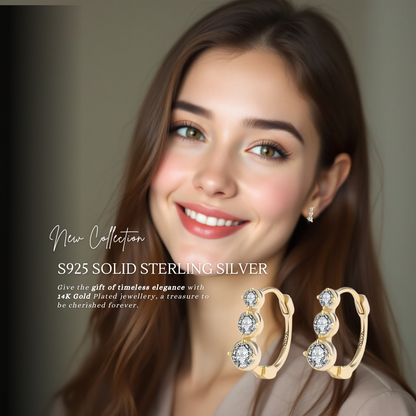 Sterling Silver Triple Sparkle 14K Yellow Gold Plated C/Z Hoop Earrings