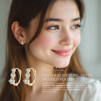 Sterling Silver Triple Sparkle 14K Yellow Gold Plated C/Z Hoop Earrings