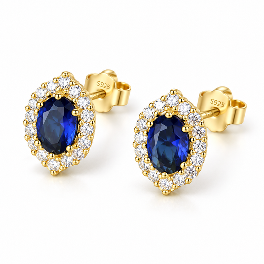 S925 Sterling Silver Regal Blue C/Z 14K Yellow Gold Plated Stud Earrings