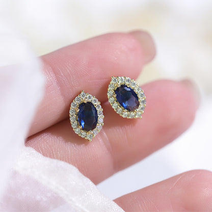 Sterling Silver Regal Blue C/Z 14K Yellow Gold Plated Stud Earrings