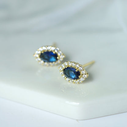 Sterling Silver Regal Blue C/Z 14K Yellow Gold Plated Stud Earrings