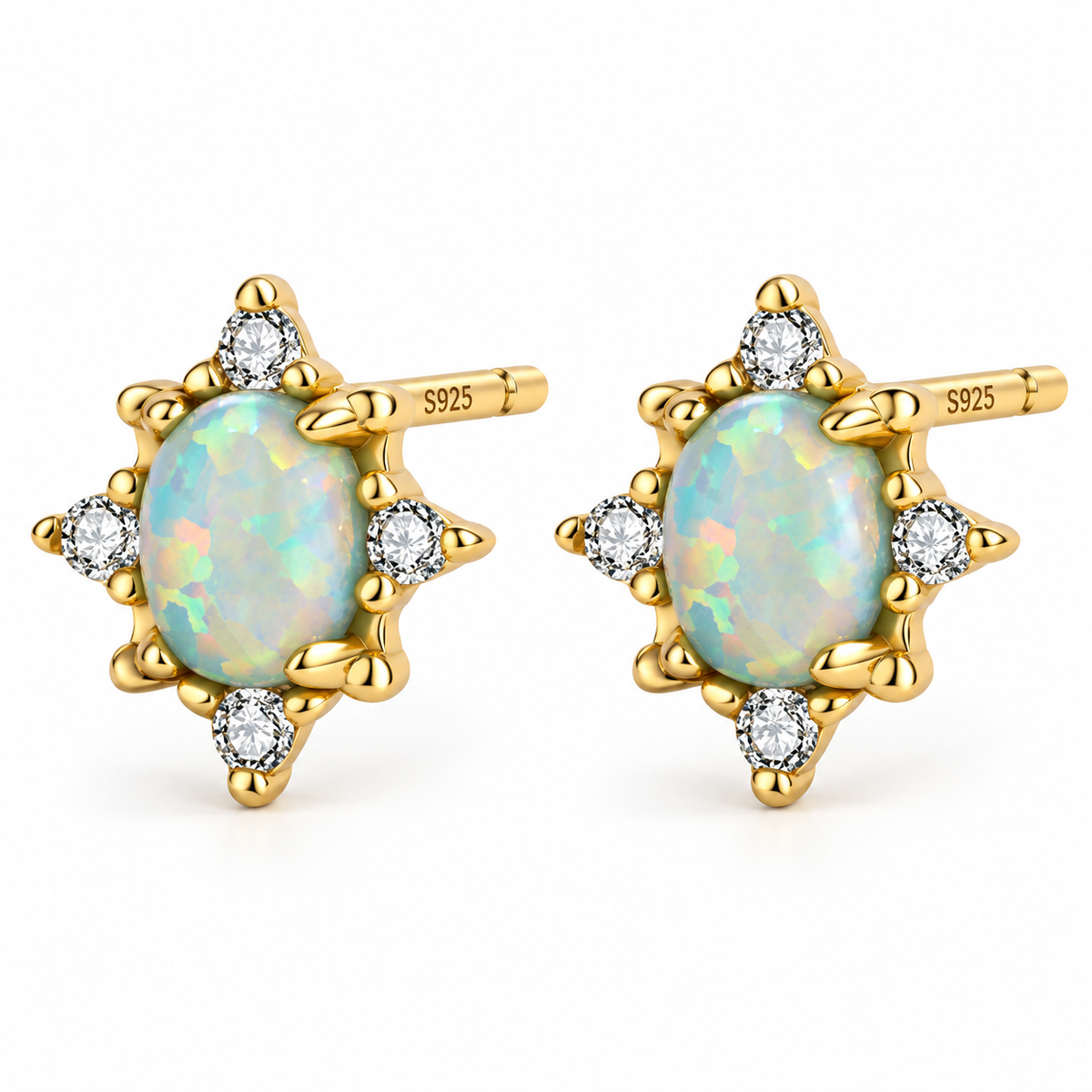 S925 Sterling Silver Opal Starburst Stud Earrings 18K Yellow Gold Plated