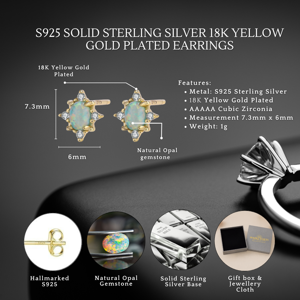 S925 Sterling Silver Opal Starburst Stud Earrings 18K Yellow Gold Plated