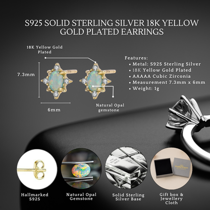 S925 Sterling Silver Opal Starburst Stud Earrings 18K Yellow Gold Plated